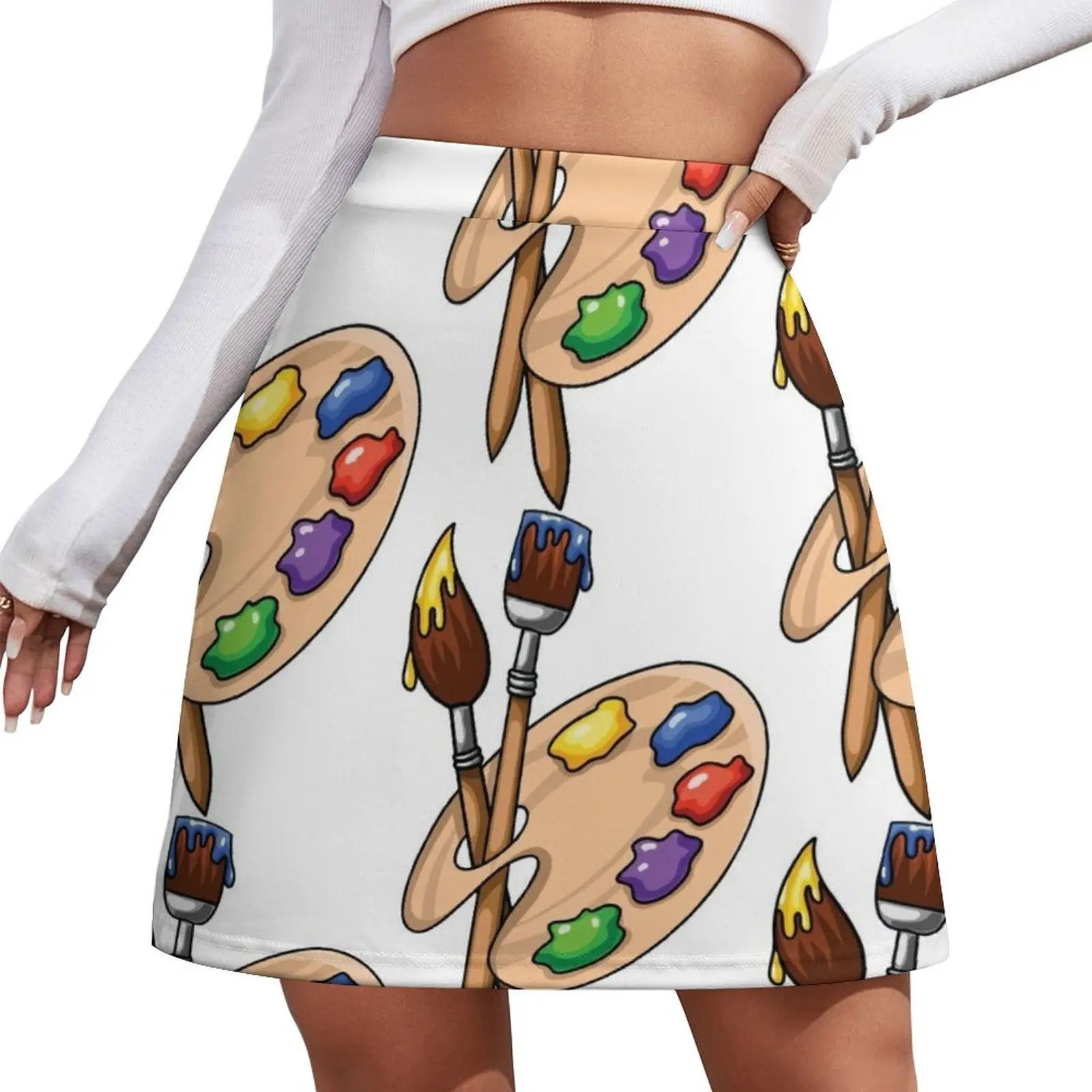 

Cartoon wooden art Palette with paints and two brushes Mini Skirt skirts skirts for womans women's clothing trend 2026
