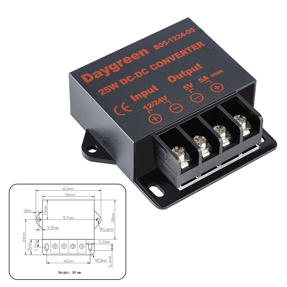 Voltage Regulator DC 12V 24V to DC 5V 5A 25W Converter, Short Circuit & Over Temperature Protection, Compact Size, Waterproof