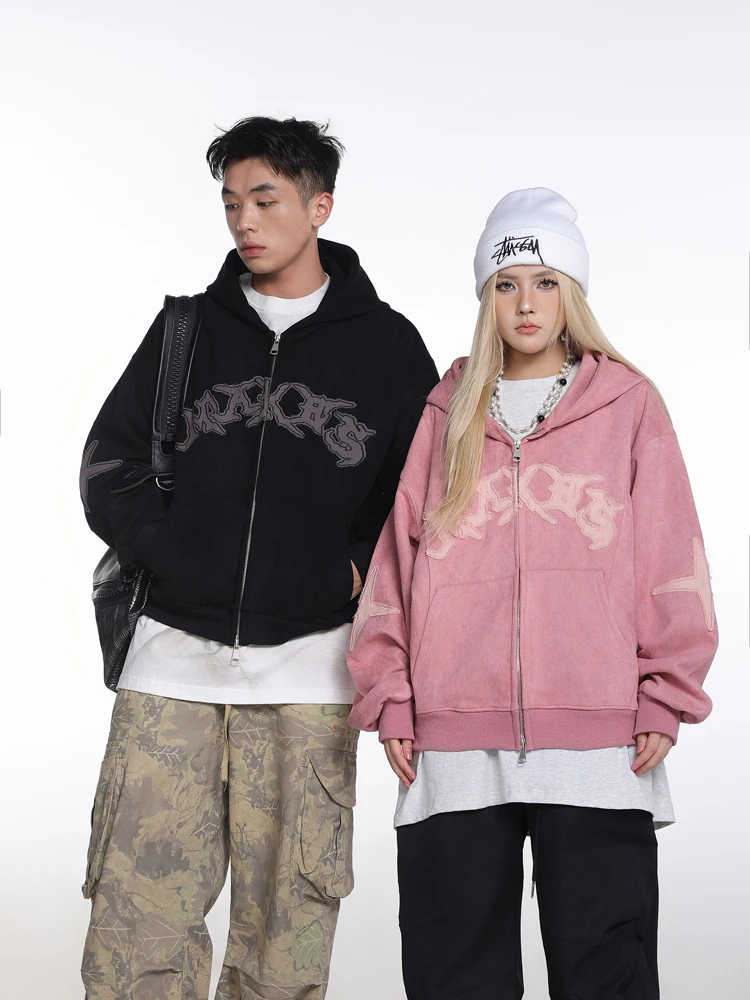 Zamszowa Krótka Bluza z Kapturem Czarno-Zielono-Różowa z Podwójnym Zamkiem, Naszywką Haftowaną i Etykietą, Męska Damska, High Street Casual, Pulower z Kapturem