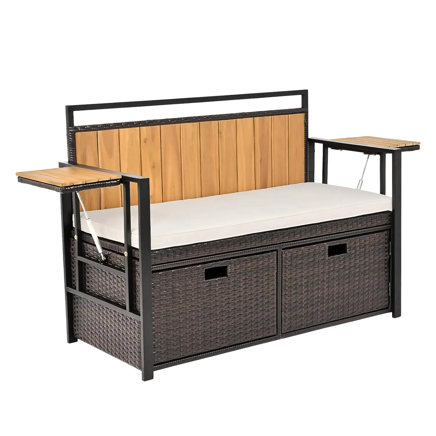 45 Gallon Rattan Outdoor Bench with Storage & Cushion
