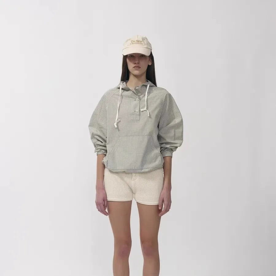 Sudadera con capucha a cuadros Street Sle, ropa de trabajo inspirada en Jaet, ajuste holgado, longitud Regular, capucha no desmontable, verano 2025, Faion para mujer