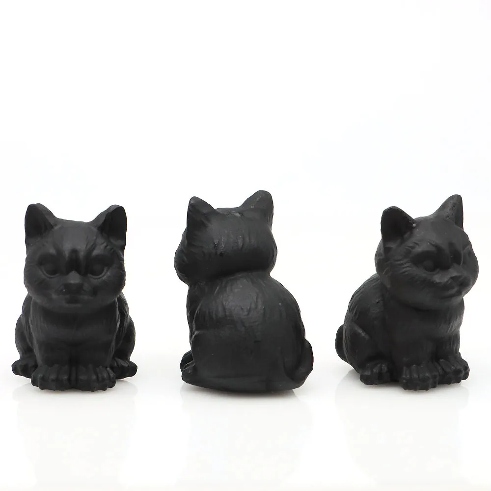 Natural Crystal Carved Cat Statue Healing Matte Black Obsidian Stone Figurine Reiki Gemstone Animal Craft Home Decoration Gift