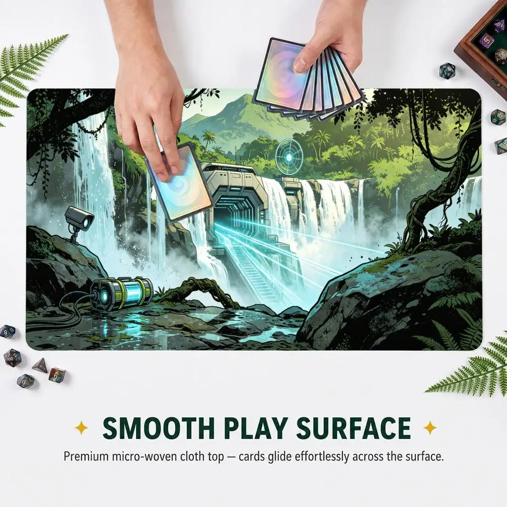 60X35cm Sci‑Fi Jungle Waterfall Secret Base TCG Playmat Non‑Slip Rubber Trading Card Game Table Pad For Card Game Players