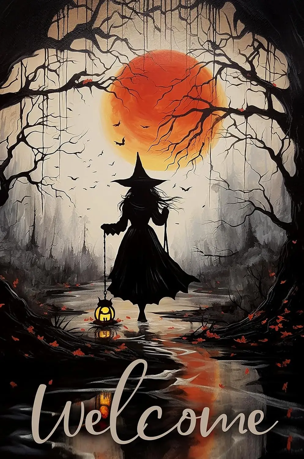 

Добро пожаловать Texupday, лесная ведьма с фонариком, Хэллоуин, луна, ночь, вертикальный Садовый флаг, праздник, деревенский фермерский двор