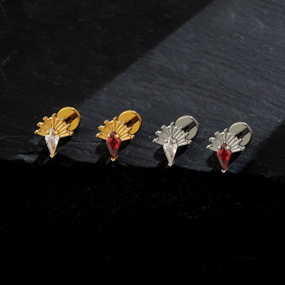 Right Grand ASTM F136 Titanium Kite CZ Cartilage Piercing Rhombus Garnet and Black CZ Helix Stud Conch Tragus Earring Flat Back Labret Stud Piercing Jewelry