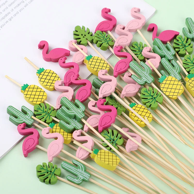 100pcs Fruit Bamboo Stick Flamingo Cactus Pineapple Palm Leaf Cocktail Decoration Stick Summer Hawaiian Luau Wedding Party Decor