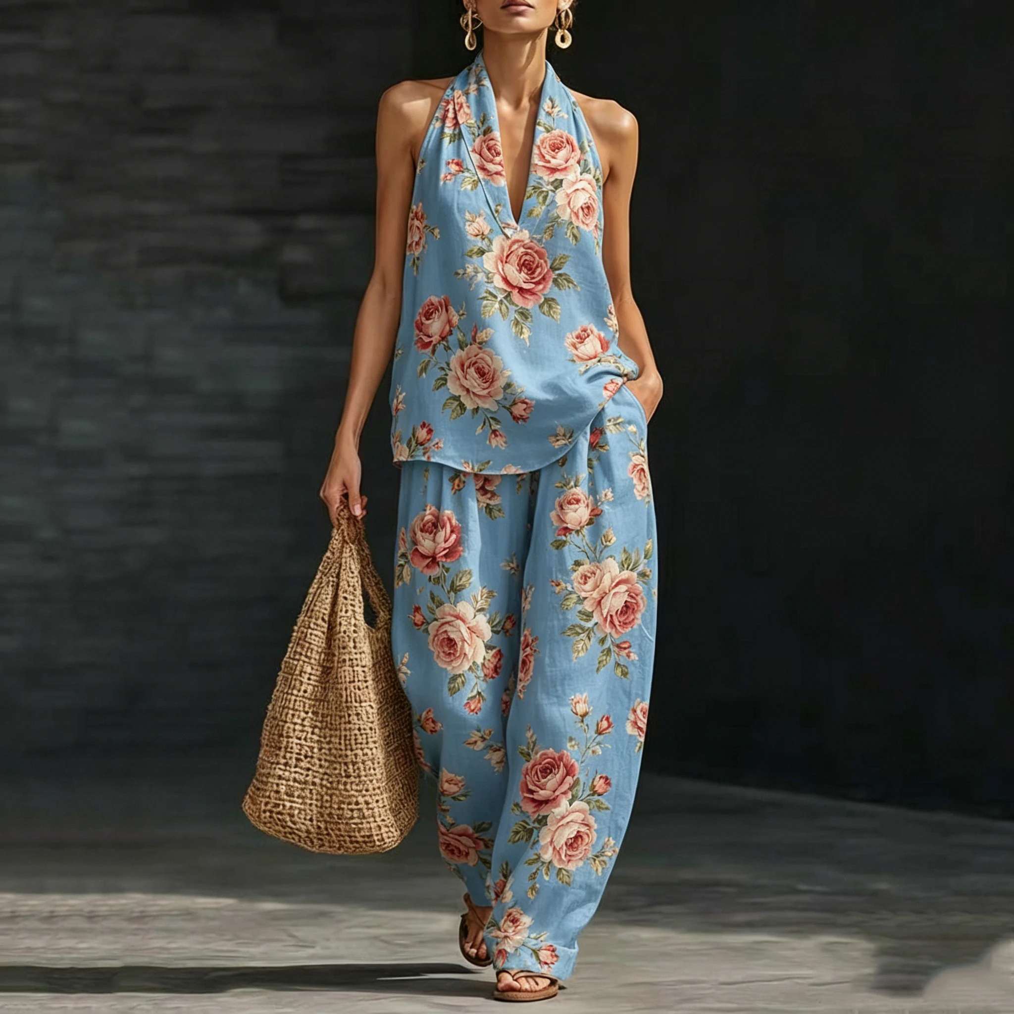 

Boho Flower Print Women Two Piece Sets Outfits Summer Halter Neck Sleeveless V-Neck Top & Wide Leg Pants Set Vacation Outfit