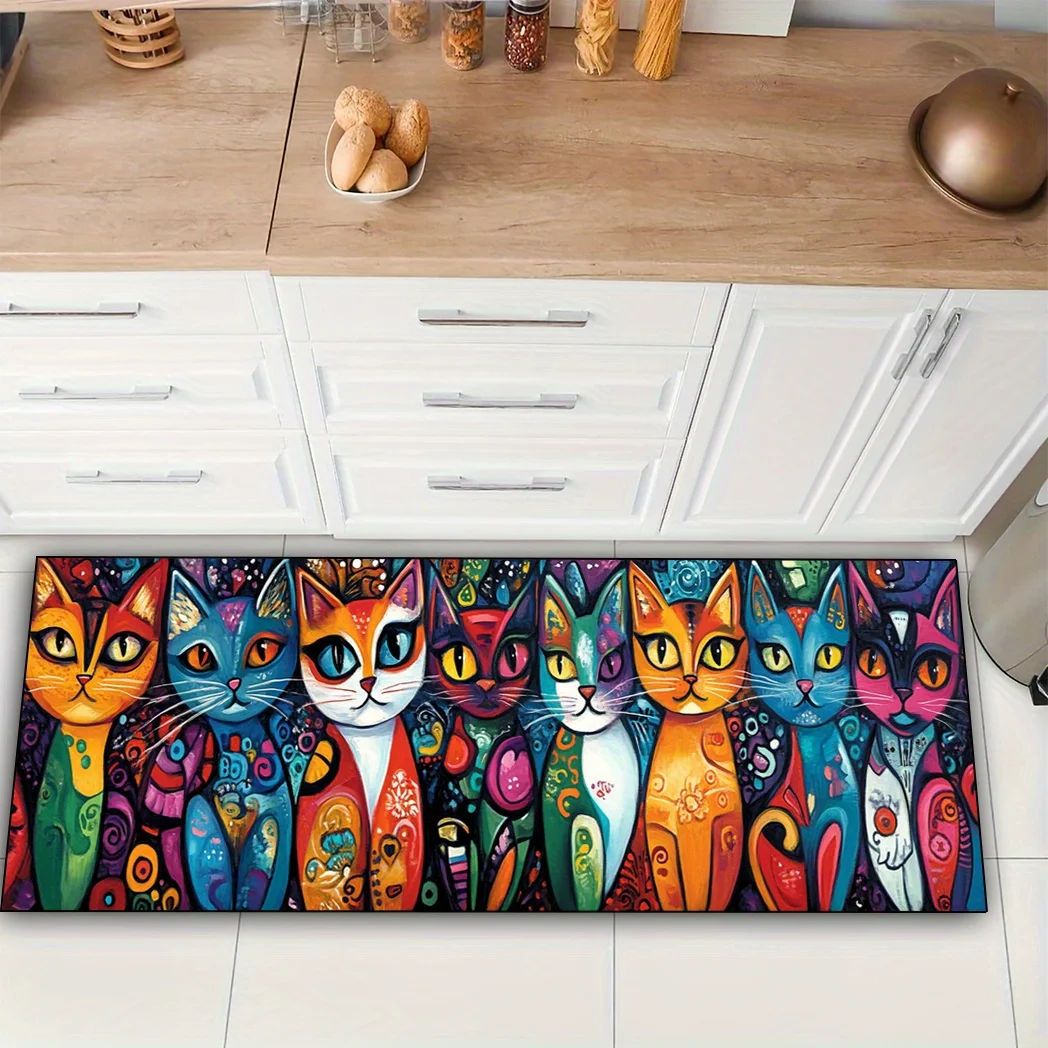 Vintage Art Colorful Cat Long Floor Mat, Vibrant Boho Pet Pattern Non-Slip Durable Runner Rug for Hallway Laundry Room