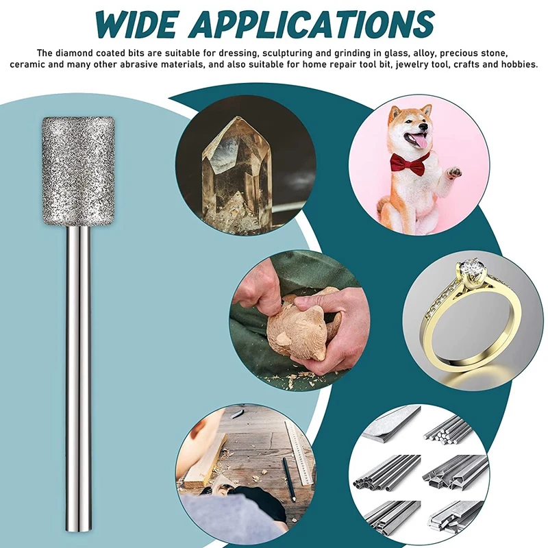 Diamond Bit Diamond Grinding Bits, Cabeça de cilindro, 1/8 Shank, 8mm, Ferramenta mais rotativa, Bit Grinder, 10 pcs