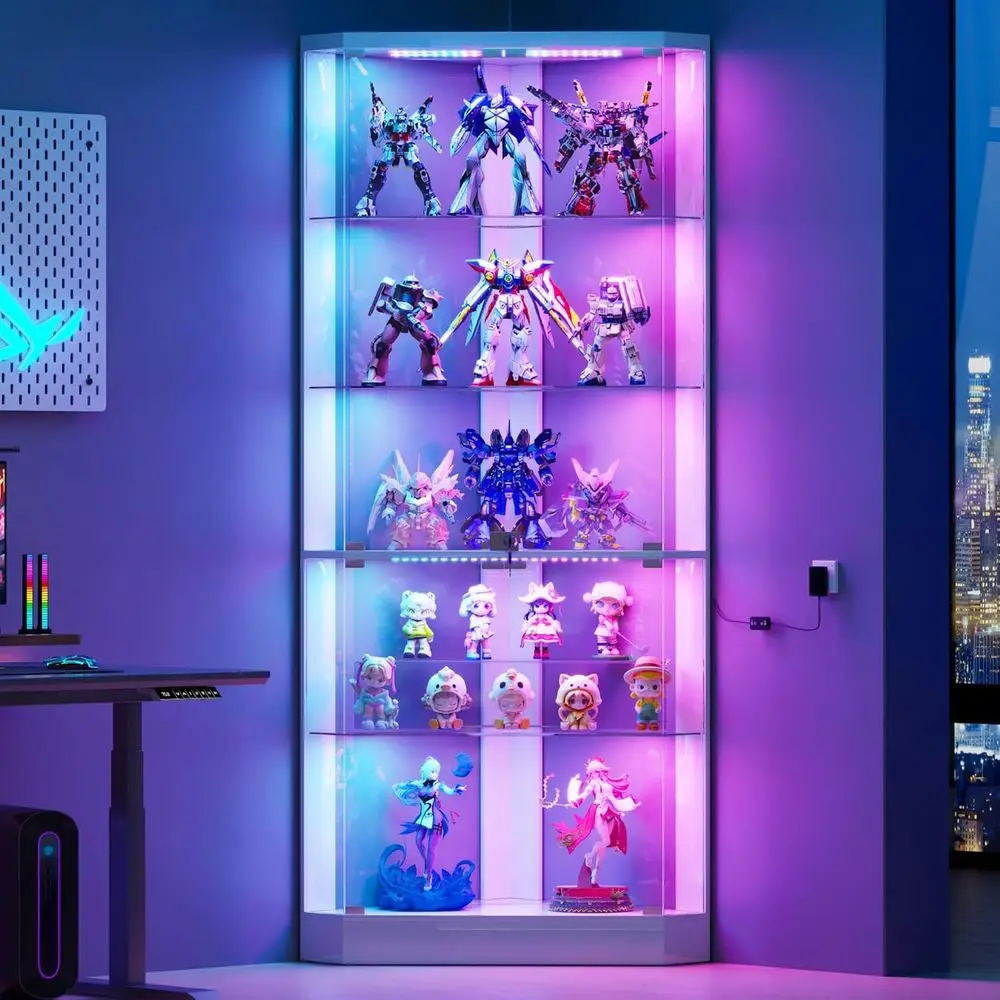 5-Tier White Display Cabinet with Glass Shelves, RGB Lights & Human Body Sensor for Collectibles/Toys Storage