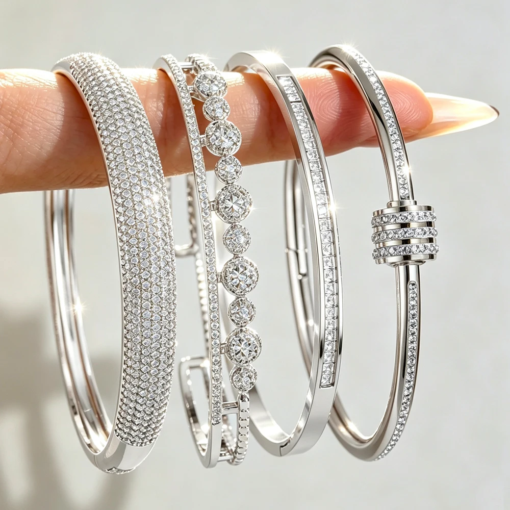 ZAKOL 4pcs Luxurious Micro-set Zirconia Copper Stainless Steel Bracelet Set Shining Zircon Wedding Bangles Women’s Party Jewelry
