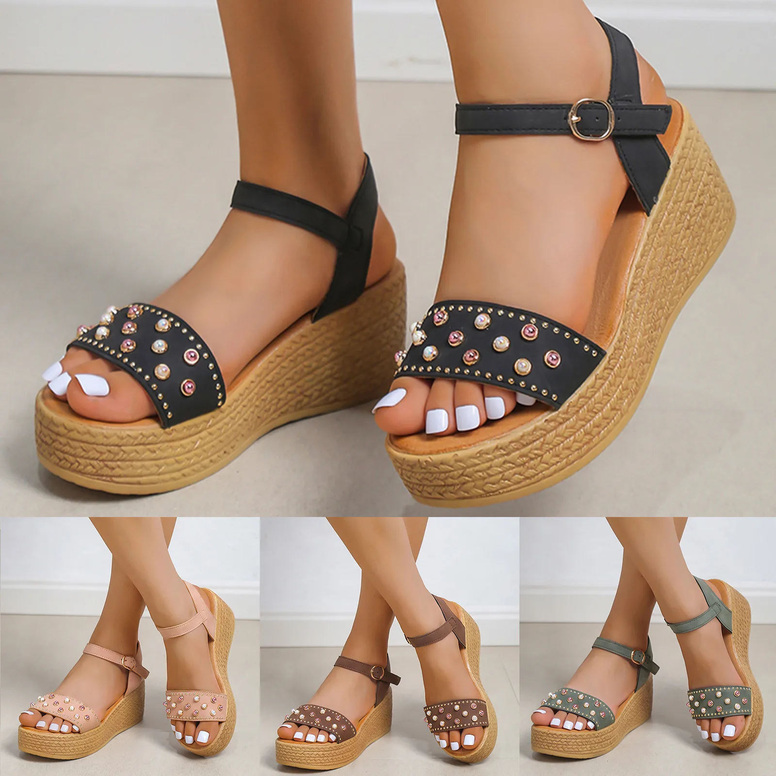 Ladies Wedge Beads Sandals Wedge Heel Platform Fashion Casual Button Strap Sandals T Strap Sandals For Women Comfort