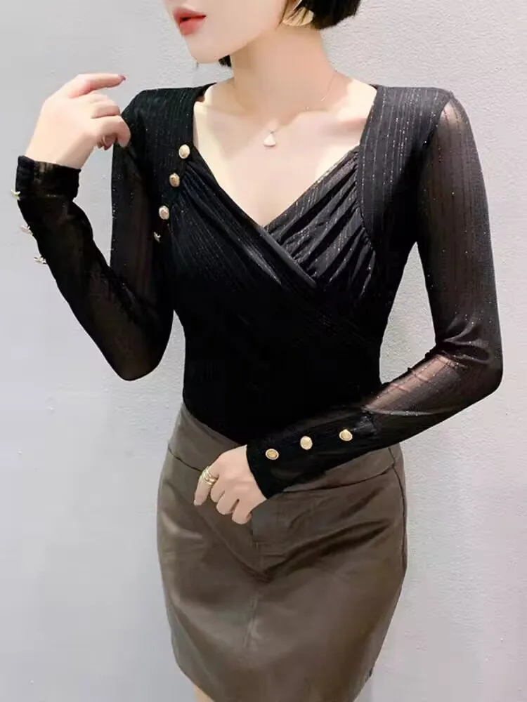 Party Charming Elegant Female Autumn Winter Woman Pullover T-shirt Cross V-neck Splicing Mesh Shirring Sheer Diamond Set