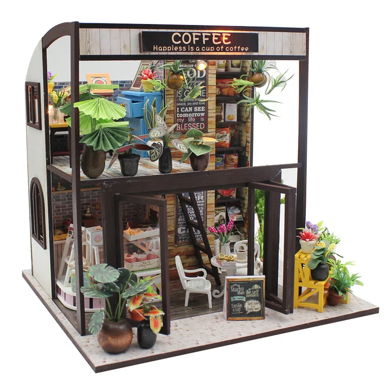 Coffee Shop Wooden Miniature Doll House 3D Puzzle Assembly Model Building Toys Home Bedroom Decoration With Furniture DollHouses