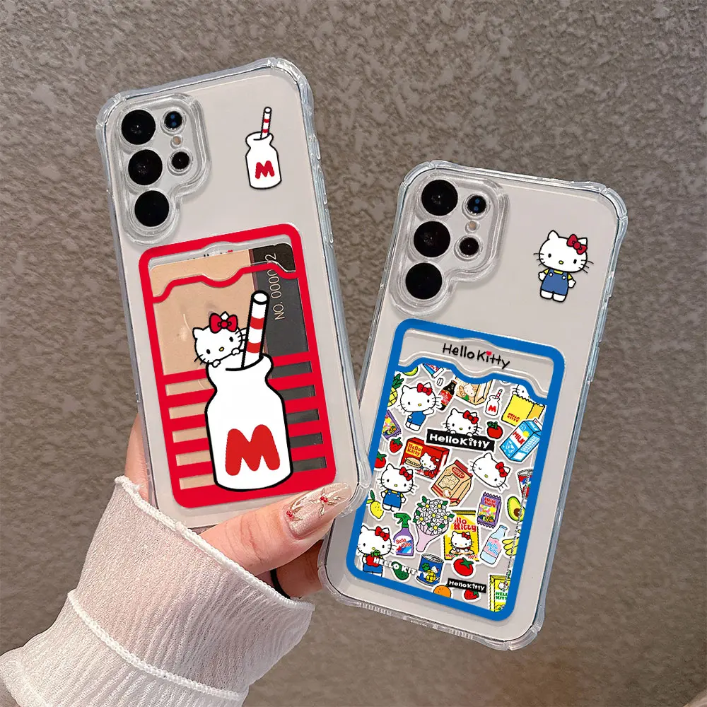 Cartoon Hello Kitty Hot Funny Card Hold Phone Case For Samsung S24 S23 S22 S21 S20 FE Plus Ultra M54 5G Anti-fall Clear Cover