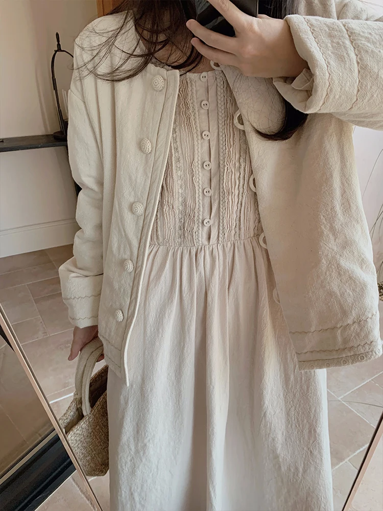 

ZNG OP Gentle Design Heavy Embelliment Splicing Lazy Wa Cotton Dr Loose Fit H-ape A-Line Skirt Long Sve Dr