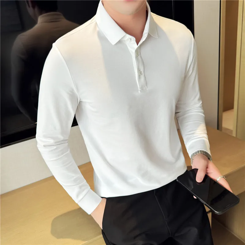 Men Long Sleeves POLO Shirt 2024 Autumn New British Style Pure Cotton Slim Fit Solid Casual T-shirt Quality Fashion Men Clothing