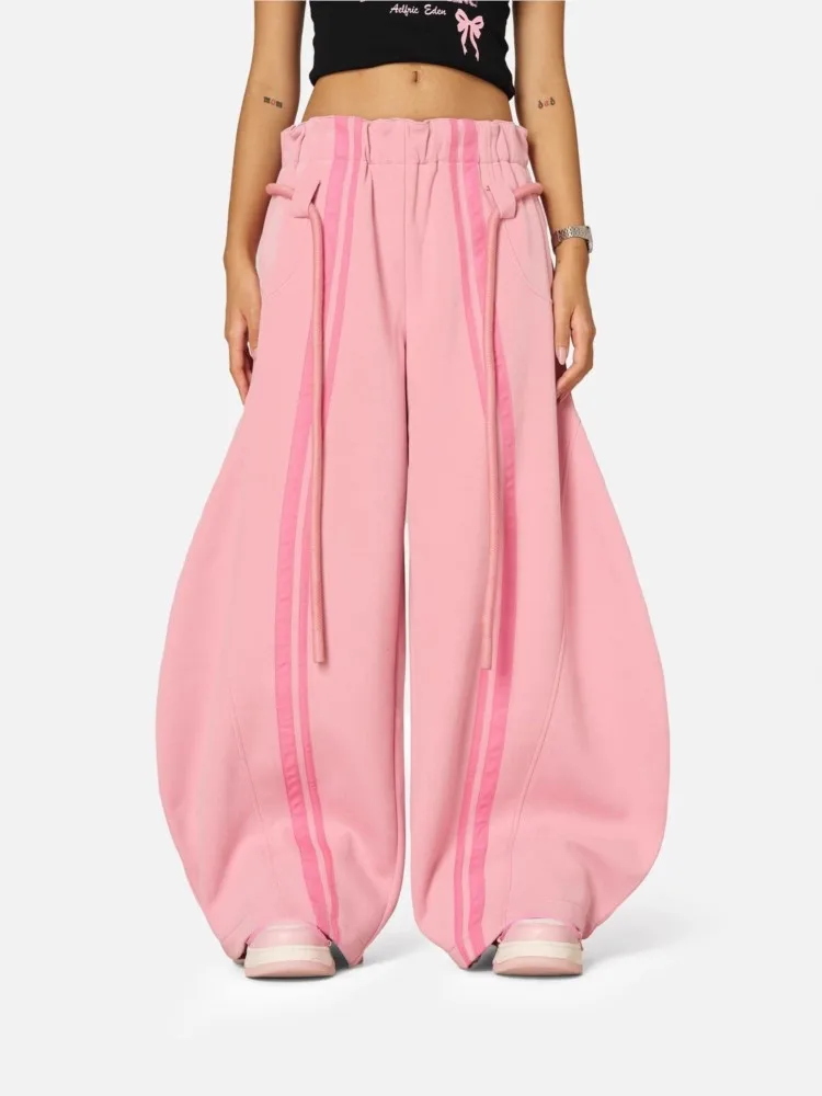 Damskie spodnie w stylu streetwear, sznurowane, o średnim stanie, luźne, codzienne, modne na wiosnę i jesień, z charakterystycznym pasem, szerokie nogawki, spodnie do ziemi.