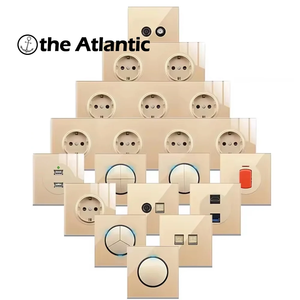 

Бытовой выключатель, роскошная панель из золотого стекла, RJ45, ТВ, интернет, розетка для передачи данных, кнопка 16A, 110 В-250 В, стандартная настенная розетка европейского стандарта