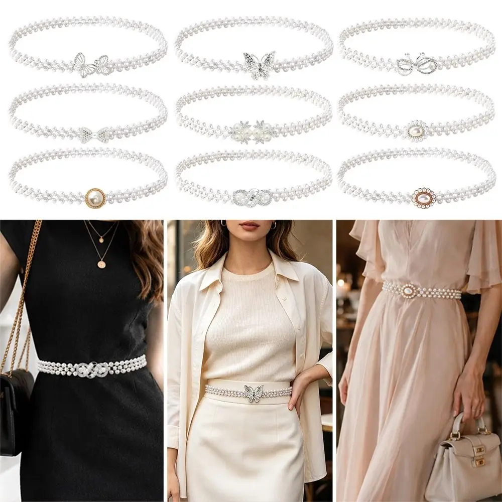 Pearl Beads Pearl Waist Chain Stretch Elastic Band Thin Narrow Style Elastic Waistband Rhinestone Inlaid Pearl Strung Design