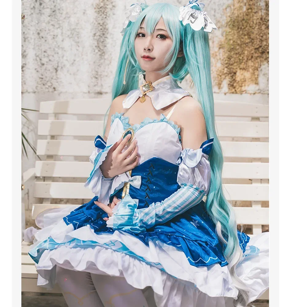 Snow Miku Anime Cosplay Full Suit Vocaloid Wig Costume Star and Snow Princess Dress Women Role-Play Emu Otori Halloween Party