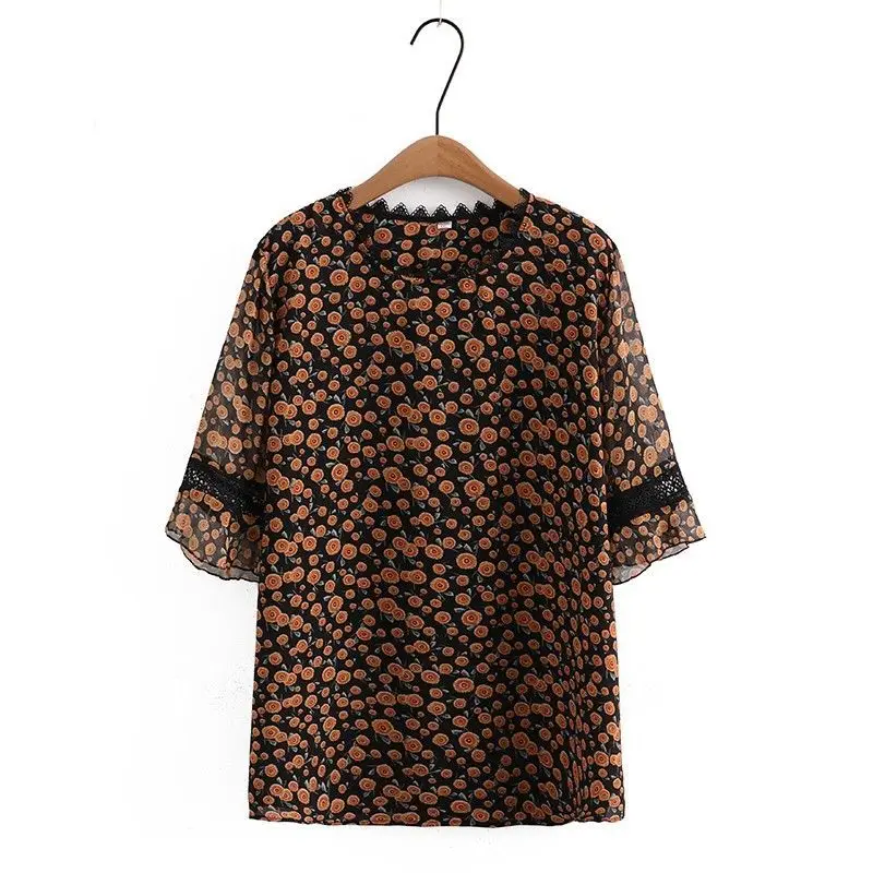 Summer Women's Stylish Loose Short Sleeved Mom Round Neck Printing New Versatile Middle-aged and Elderly Casual Top
