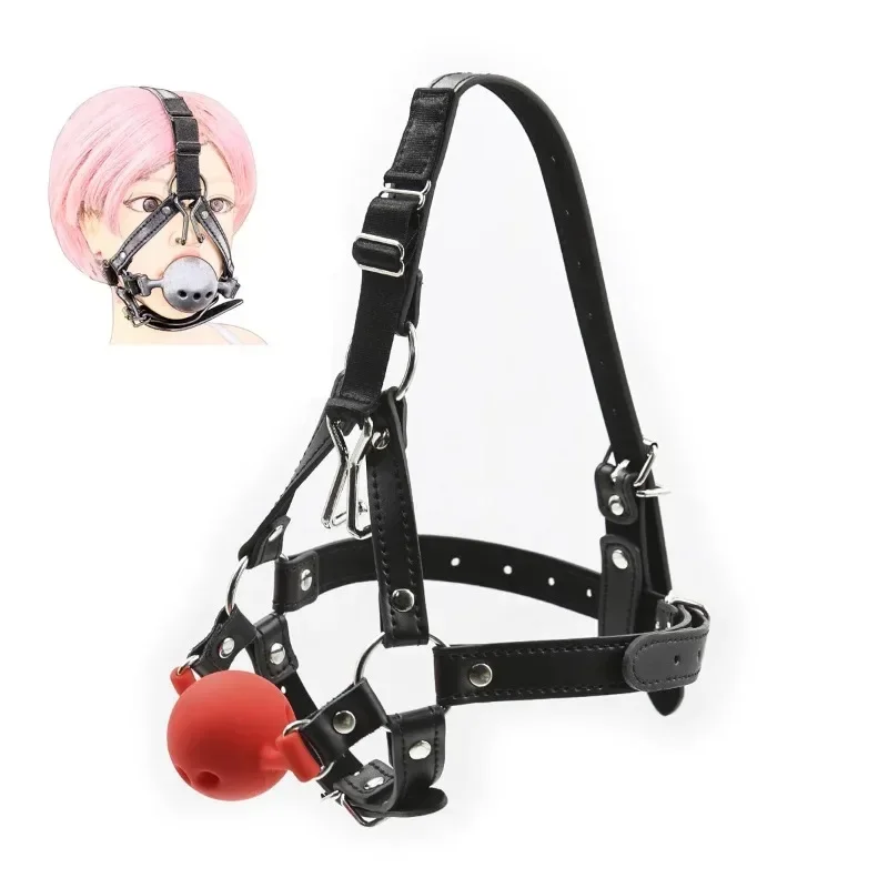 

Bdsm Bondage Harness Strap Head Belts with Silicone Hollow Mouth Gag Ball and Nose Hook for Fetish Slave Role Play Sex Toys