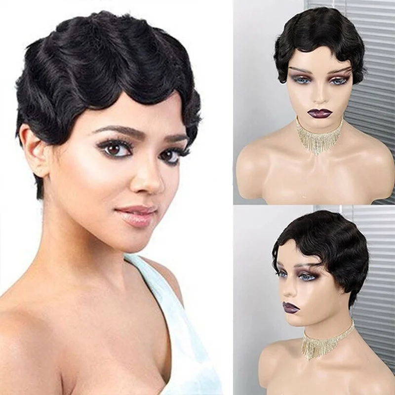 Black Pixie Short Cut Finger Wave Brazilian  Hair Wig Glueless Machine Wig
