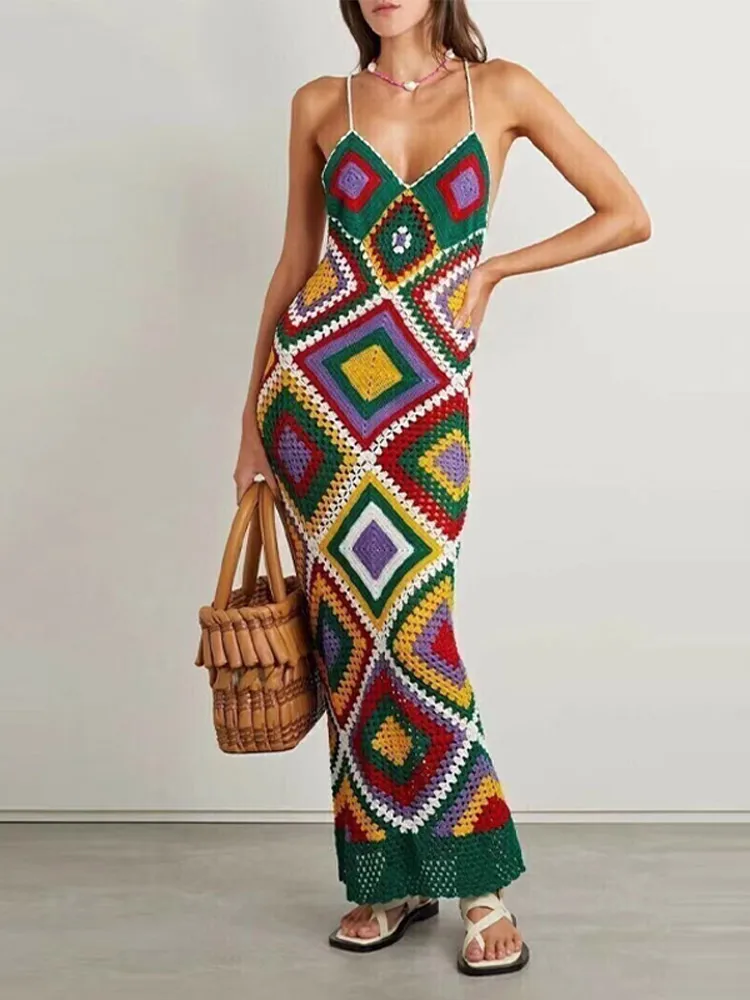 Bohemian Crochet Knitted Maxi Dress Women V Neck Spaghetti Straps Plaid Long Dresses Casual Ins Ladies Hollow Out Beach Sundress