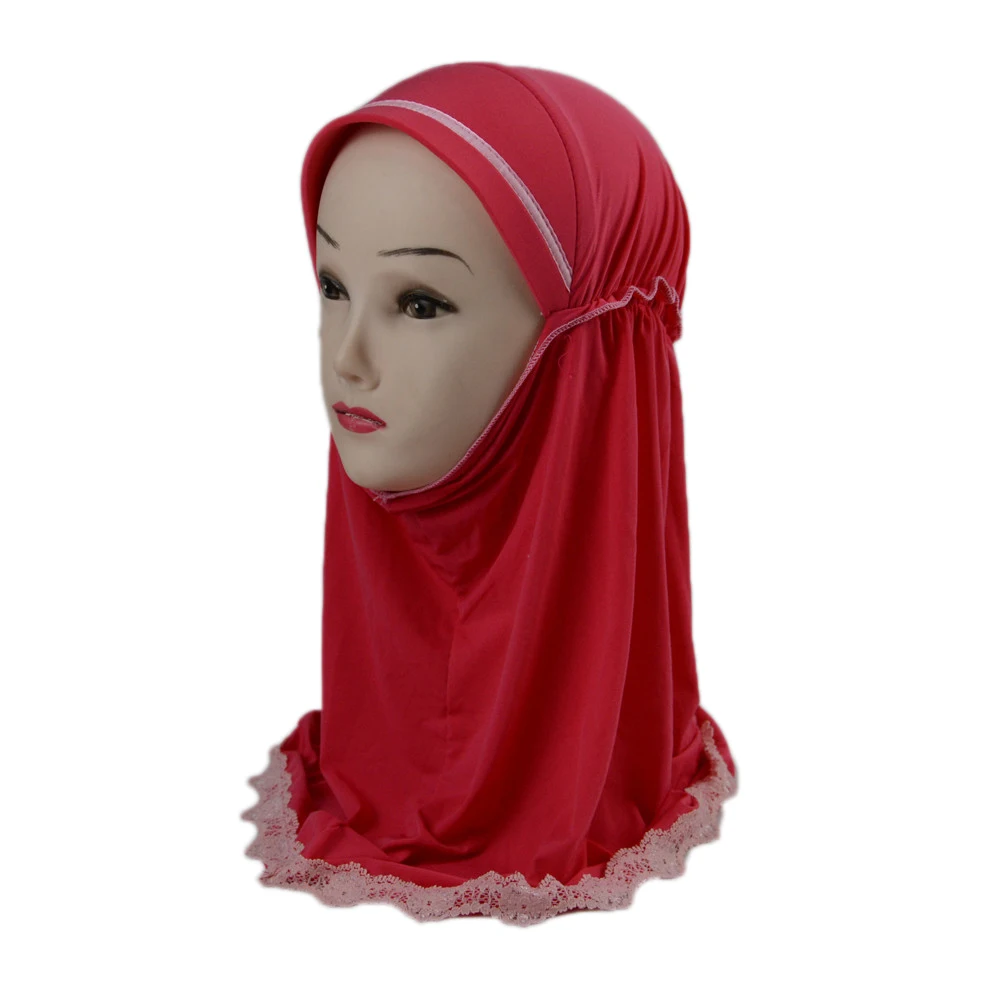 Muslim Kids Girls One Piece Lace Hijab Prayer Cap Underscarf Headscarf Shawl Wrap Pull On Turban Instant Headwear Ramadan