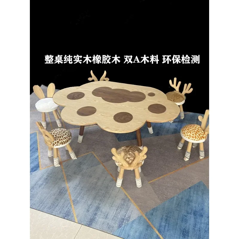 

Kindergarten solid wood table and chair combination cat paw cute children's table nursery reading area library sales office