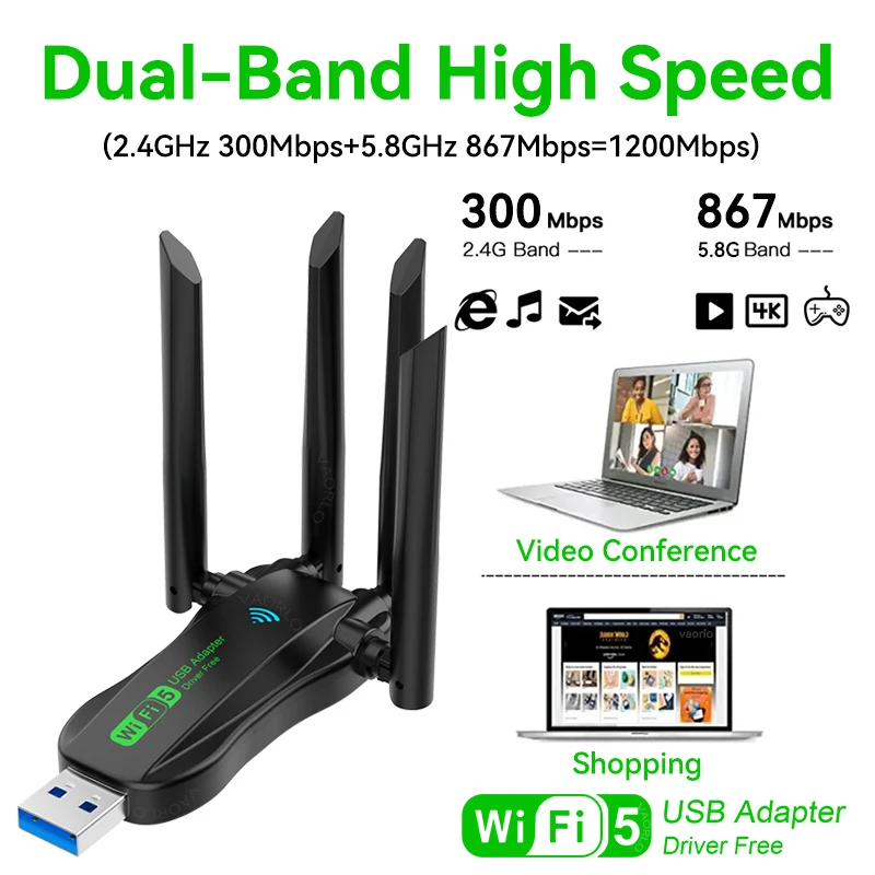 4 Antennas 1200Mbps WiFi USB 3.0 Adapter 2.4G/5GHZ Dual Band WiFi Dongle Wireless Receiver Network Card For PC/Laptop Win 10/11