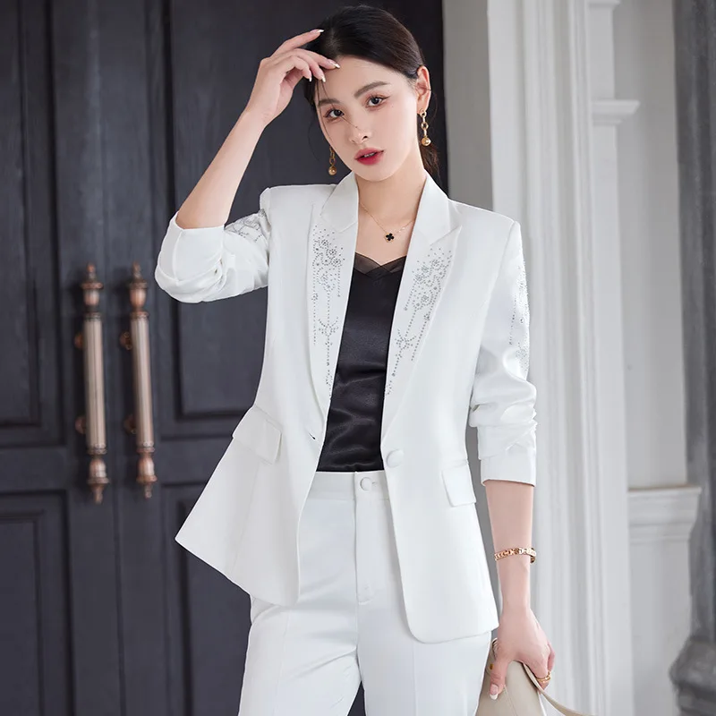 White Acetate Chiffon Small Suit Outfit Women2024Early Spring Fashion Slim Fit Business Two-Piece Suit Women's Top