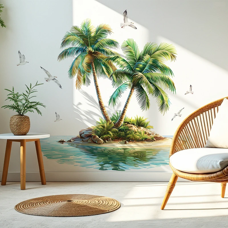 Sea Island Coconut Tree Blue Water Seagull Vinyl Wall Stickers for Living Room Bedroom Porch Home Decoration Scenery Wallpaper
