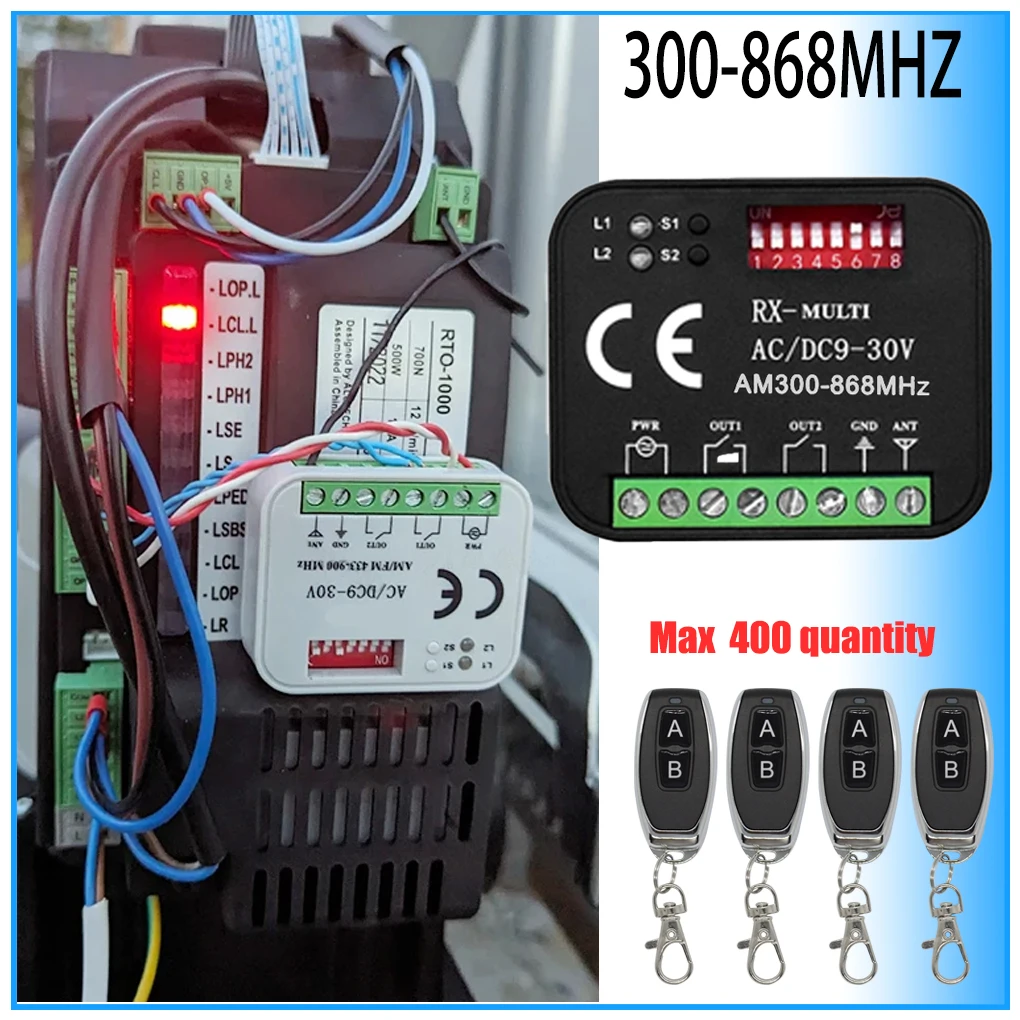 YIOU Universal RX Multi Frequency 300-868MHz Receiver 2CH 12V 24V Relay Module Garage Door Remote Control 433.92MHz 868MHz