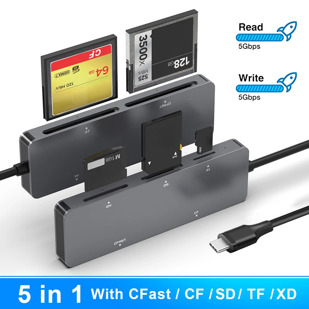 5 in 1 Smart Card Reader USB 3.0 / Type-C Card Reader CFast CF XD SD TF Compact Flash Card Adapter for Laptop Multi Card Reader