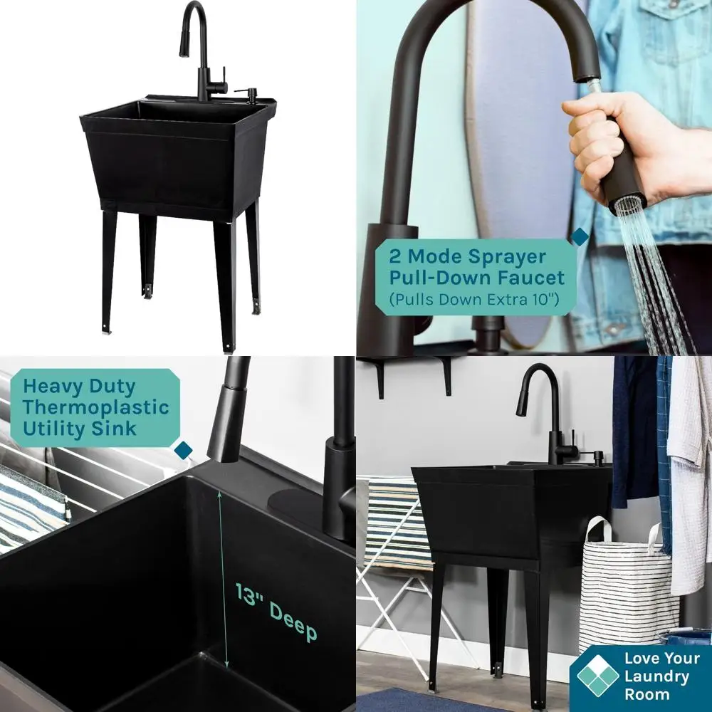 

Heavy-Duty Pull-Down Sprayer High Arc Faucet Black Utility Sink for Commercial Use