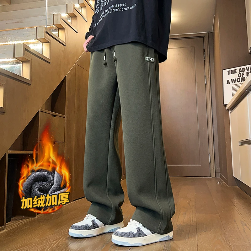 Autumn and Winter Men's Plus Velvet Thickened Houndstooth Straight-leg Floor-length Casual Pants