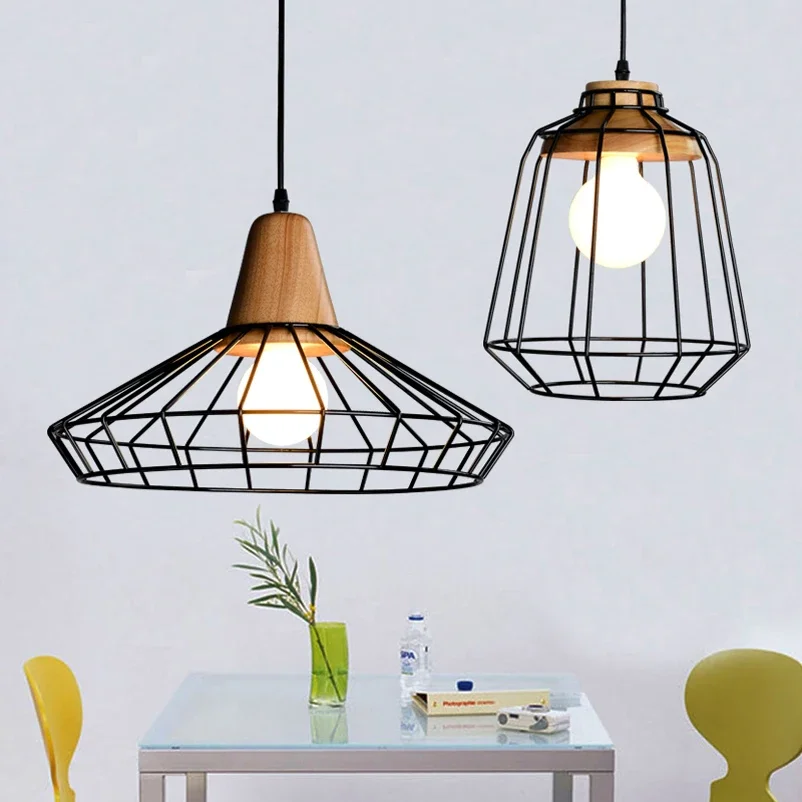 

European Loft Chandelier Restaurant Living Room Aisle Cafe Light Retro Art Imitation Wood Iron Cage Headlight Pendant Lamp