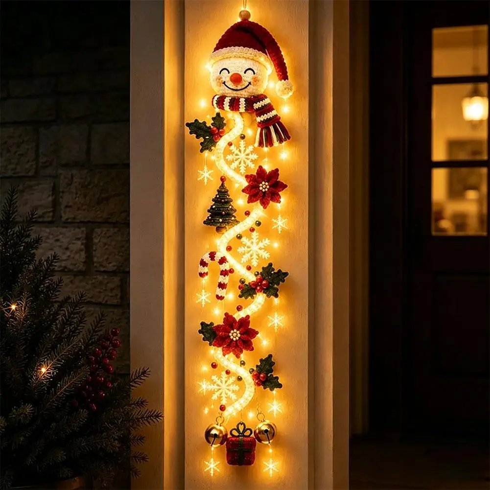 Glowing Christmas Door Hanger With Bell Warm LED Light Xmas Wall Hanging Decoration For Front Door Home Holiday Party Ornament