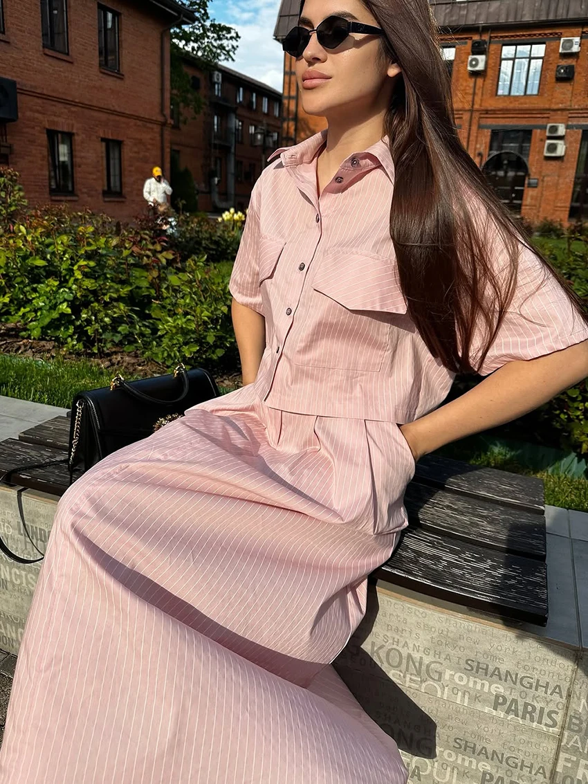 Marthaqiqi Striped Ladies Pajamas Set Short Sleeve Nightgowns Turn-Down Collar Nightwear Long Skirts Loose Female Sleepwear Suit