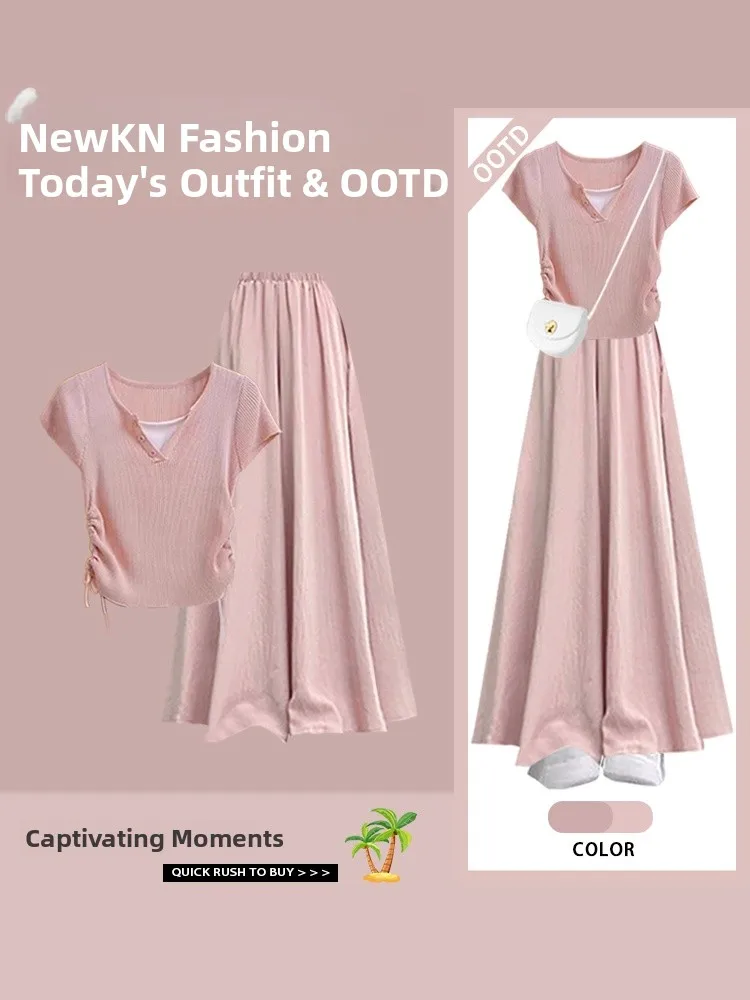 Maglieria coreana in due pezzi finta Sle ort Sve Pantaloni larghi con gonna a f Set in due pezzi Abito estivo dimagrante da donna