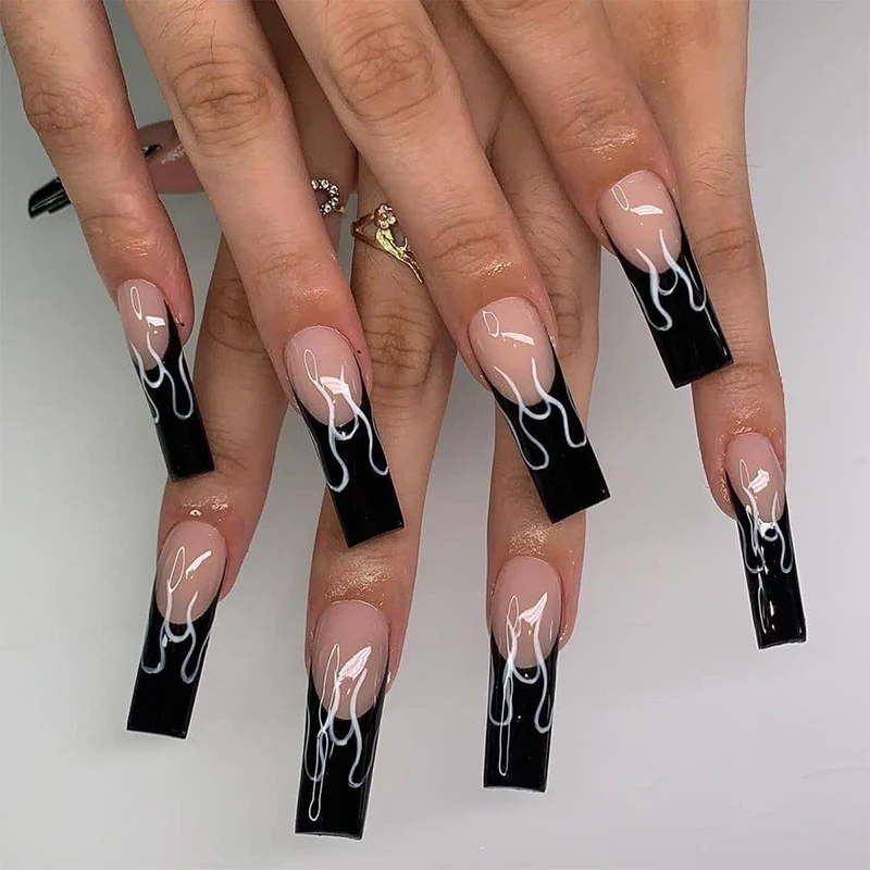 

24Pcs/Set Black French Flame Wearable Long Ballet Fake Nails Full Cover Detachable Finished False Nails Press on Nails with Glue