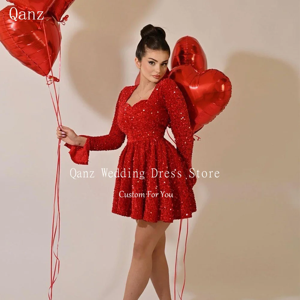 

Qanz Red Sequined Birthday Dresses Luxury 2024 Long Sleeves Short Prom Dresses Sweetheart Above Knee Party Cocktail Dresses