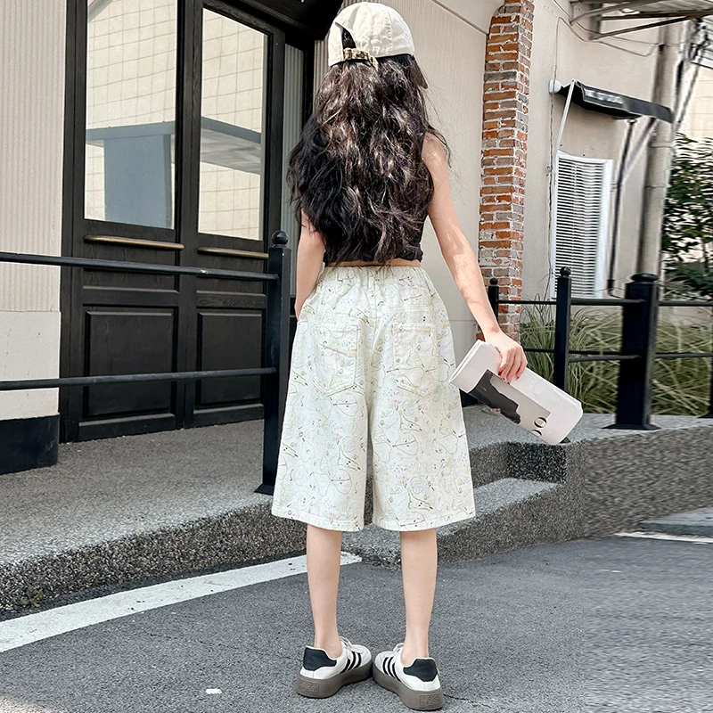 Teenager Girls Fashion Long White Cotton Shorts With Drawings Kids Children Street Style Summer Graffiti Shorts 5 6 8 10 12 14 Y