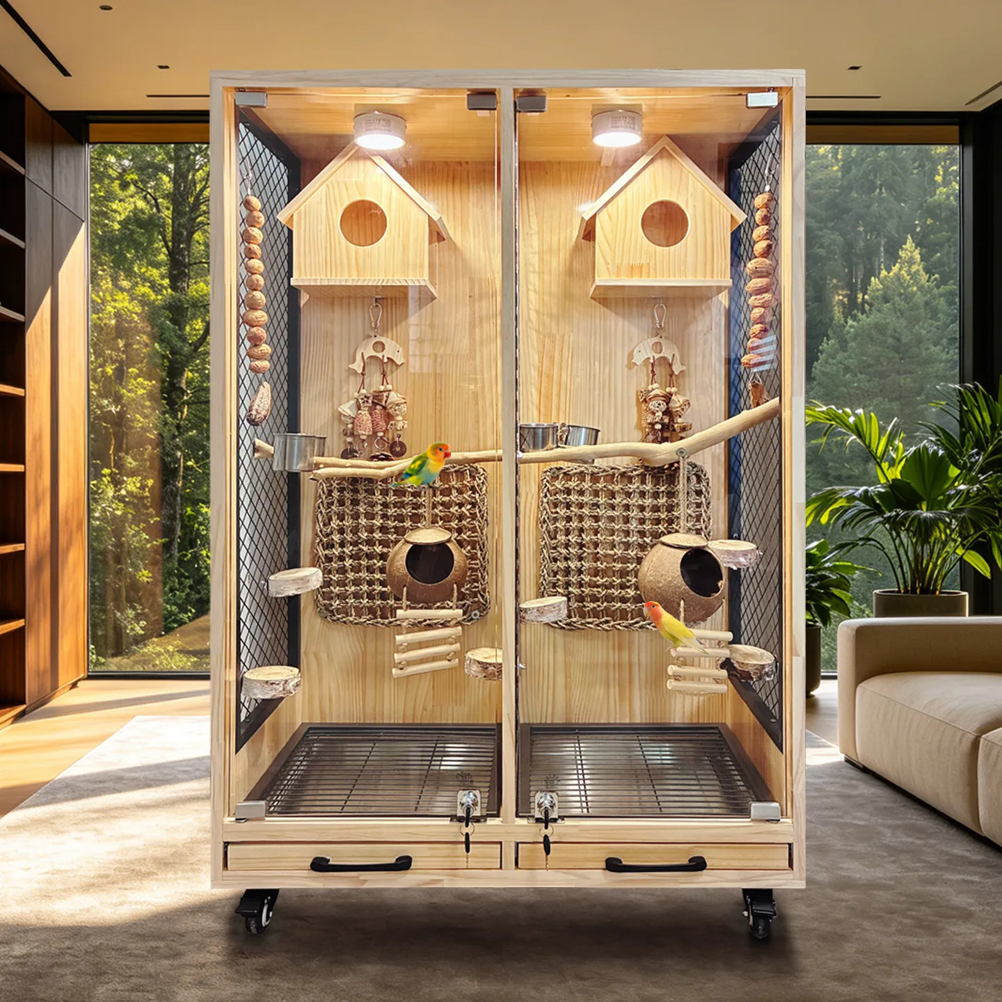 Parrot bird cage villa panoramic luxury solid wood King Kong Xuanfeng monk tiger skin large special splash-proof small sun