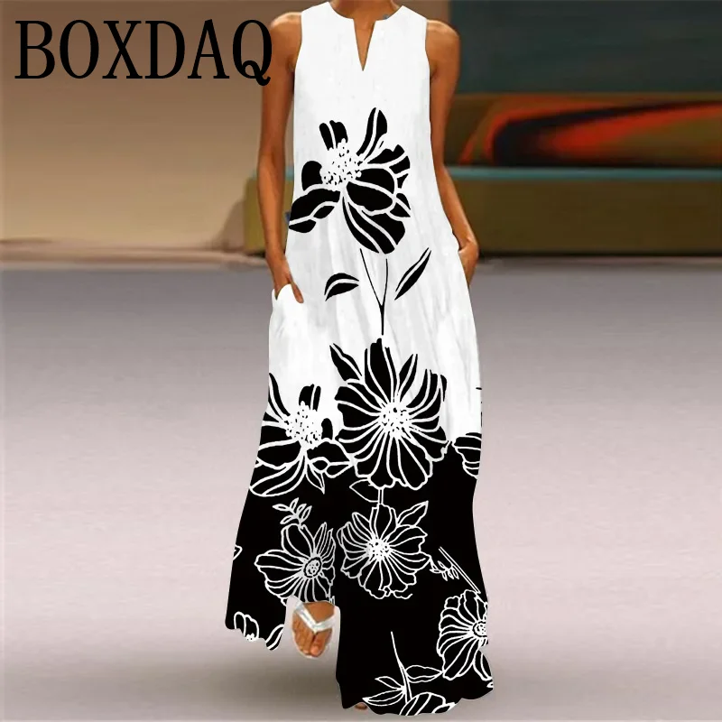 Vintage Print Maxi Dress For Women Summer Loose Sleeveless Long Dresses Elegant Lady V Neck Pocket Boho Beach Sundress Vestidos