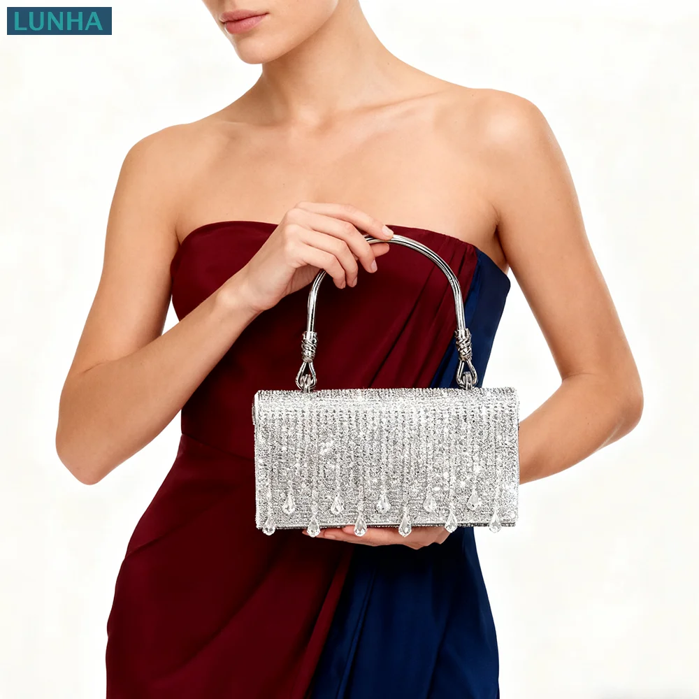 

Women's Luxury Diamond Evening Clutch Bag Crystal Rhinestone Tassel Dinner Party Purse Top-handle Flap Handbag