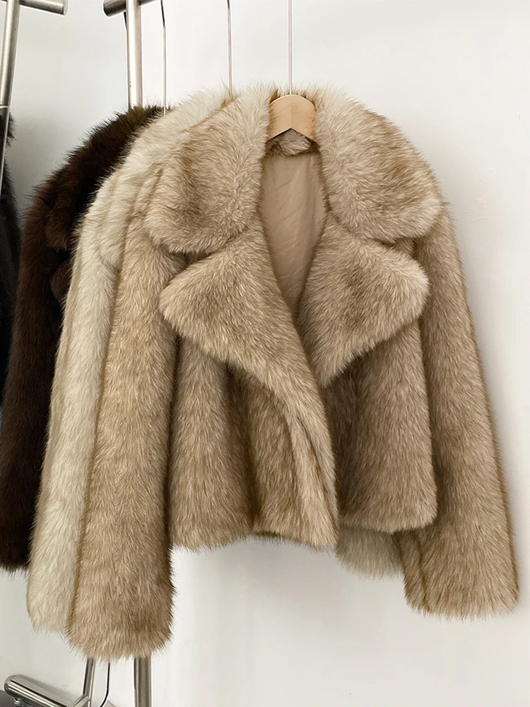 2025 invierno otoño mujer chaqueta de piel sintética abrigo sólido caqui manga larga grueso cálido prendas de vestir abrigo mullido para mujer