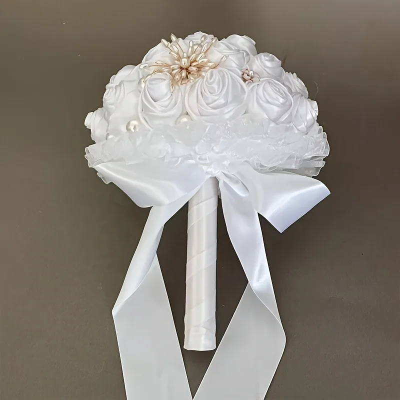باقة زفاف أنيقة من اللؤلؤ الساتان - بيضاء كريمية لحفلات الزفاف وأعياد الميلاد وعيد الحب